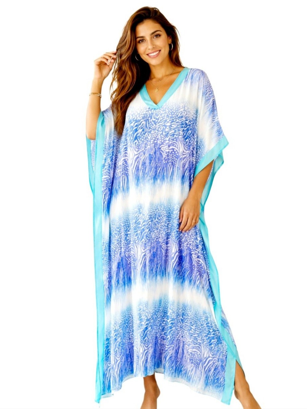 Anne Klein Blue Lagoon Flowy Kaftan Beach Dress Sz S/ M elegant beach chic